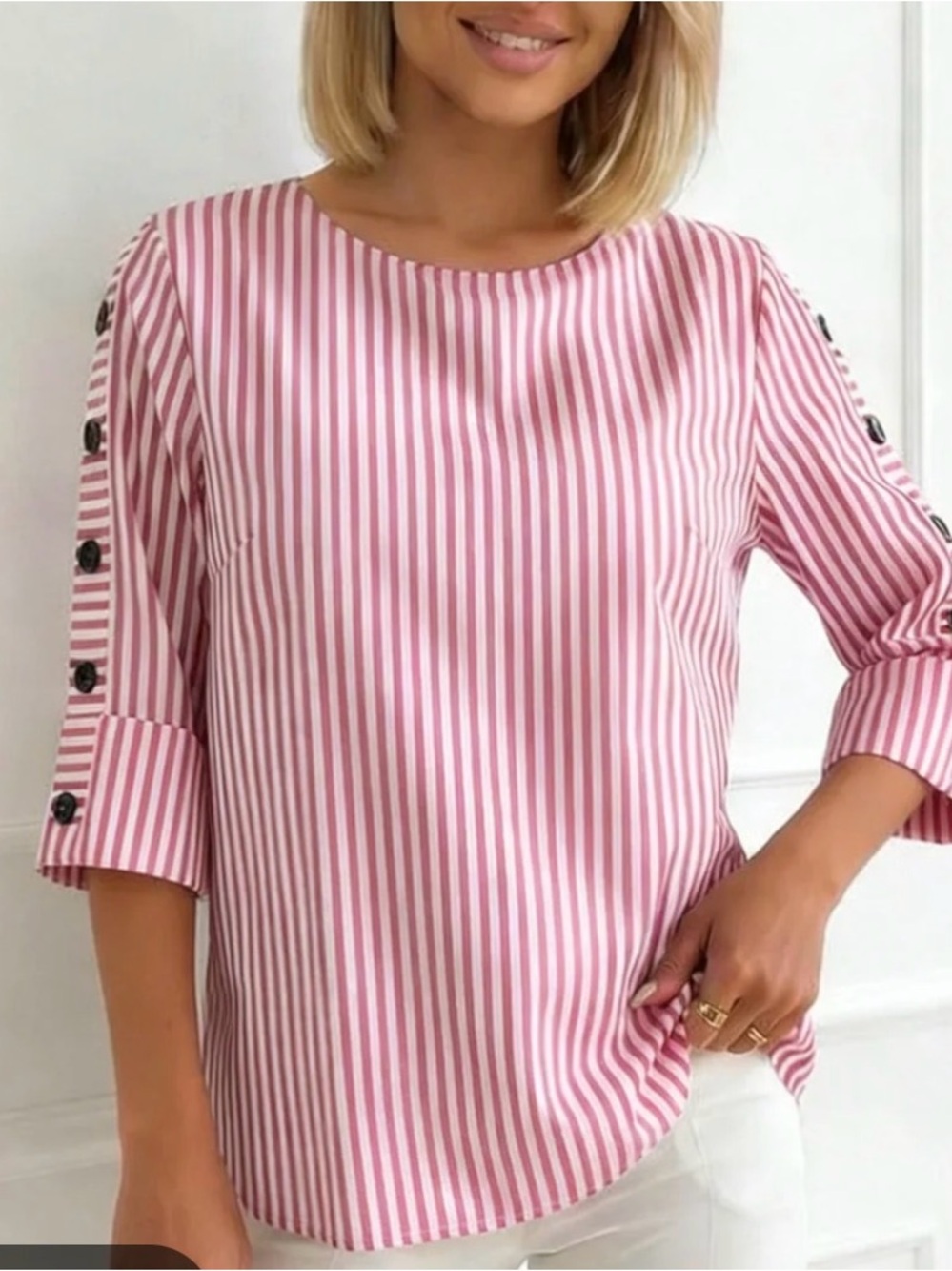 Pink Striped Women’s Blouse with Button-Sleeve Detail